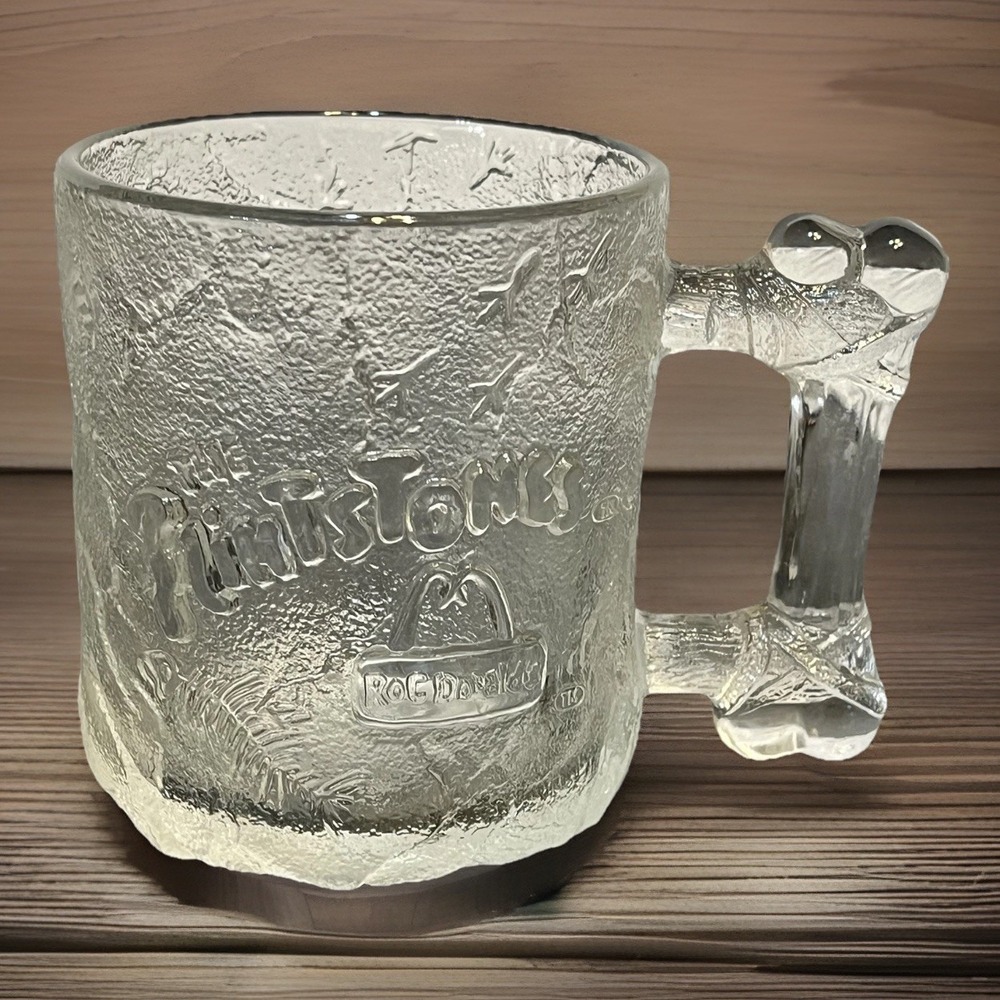 The FLINTSTONES Pre-Dawn Glass Mug Cup RocDonalds McDonald's 1993 Bone Handle